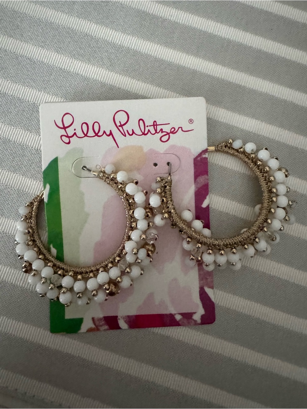 Lilly Pulitzer White Bead and Gold Hoop Earrings